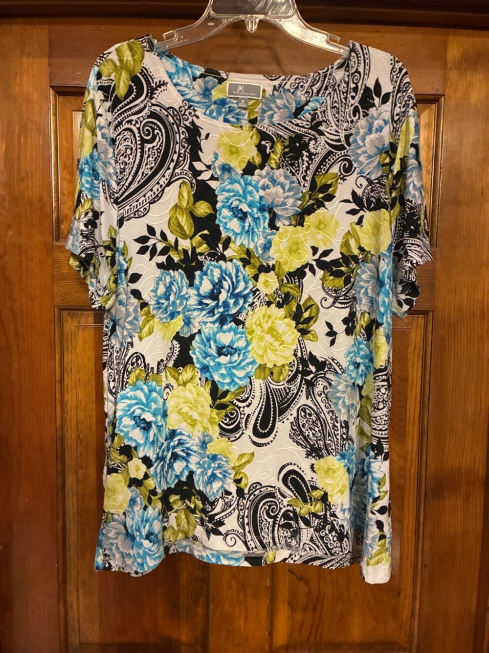 XL JM Collection Turquoise, Green, and Black Floral Flowy Textured Top